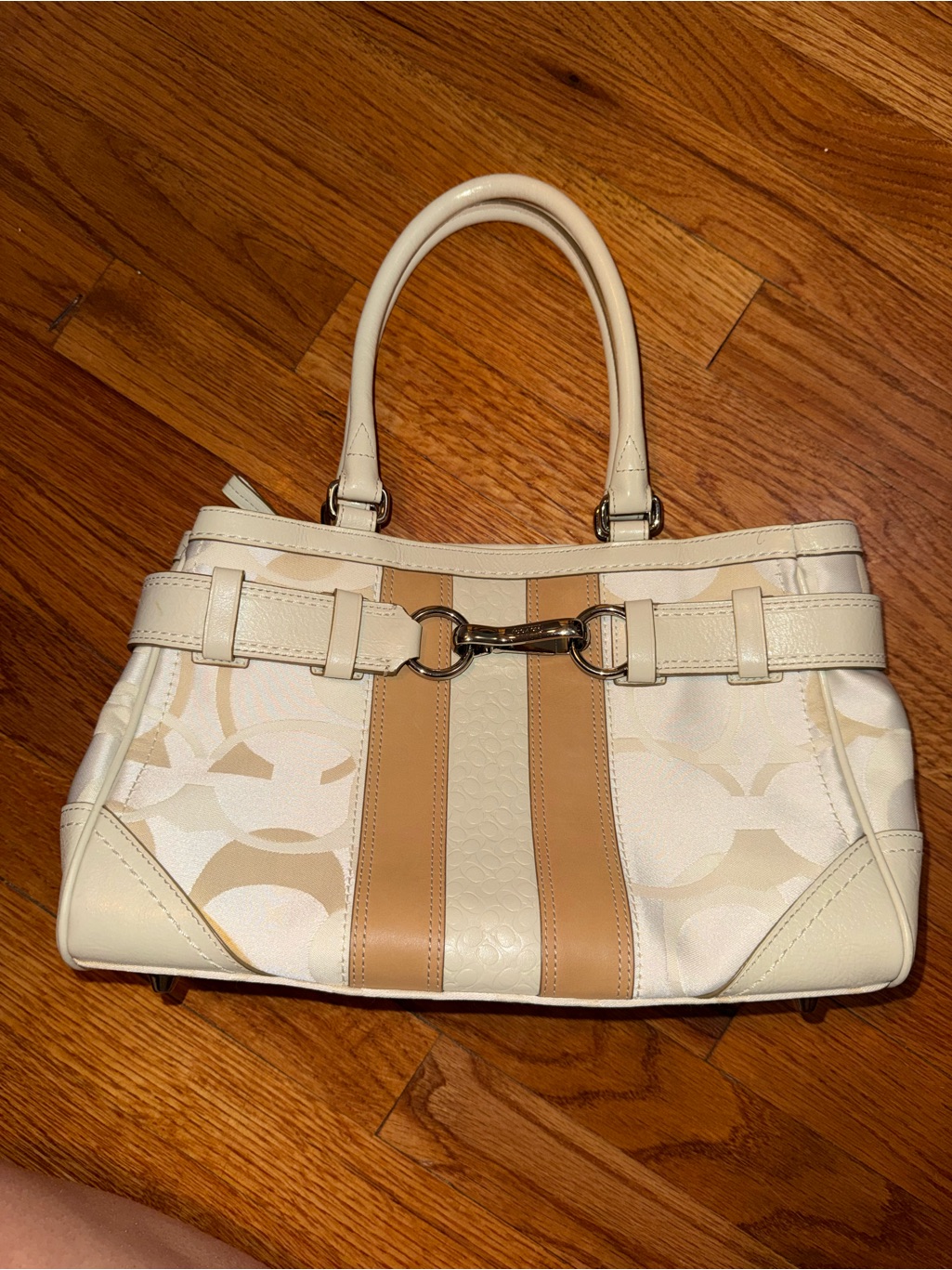 Coach Beige Tan White Satchel Top Handle Bag With Logo Print & Metal Accents Y2k